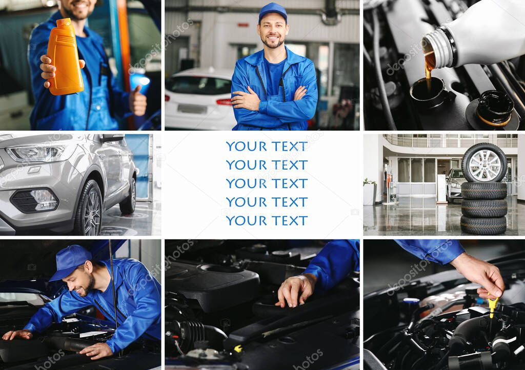 Collage of photos with male mechanic changing car engine oil in salon and space for text