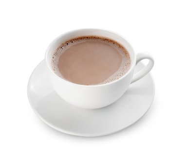 Beyaz arka planda bir fincan sıcak kakao.