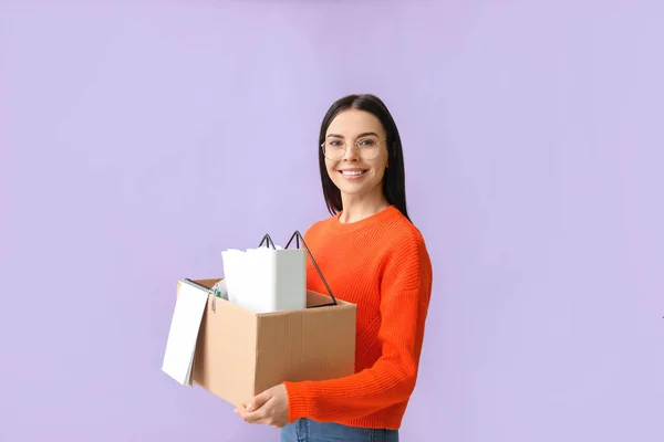 Happy fired woman on color background