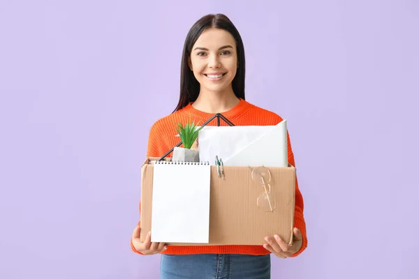 Happy fired woman on color background