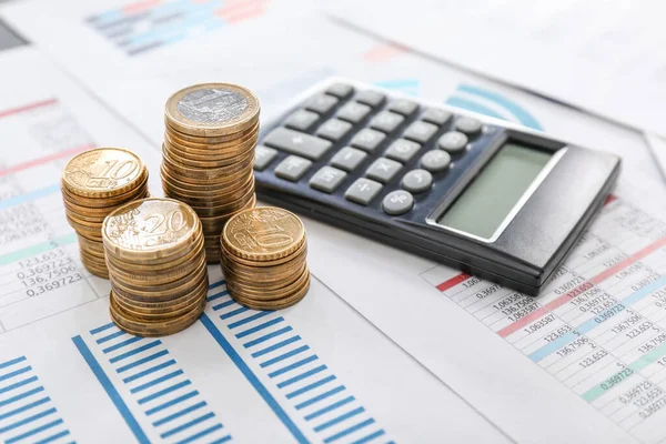 Calculator Coins Documents Workplace Bank Manager — Stock Photo, Image