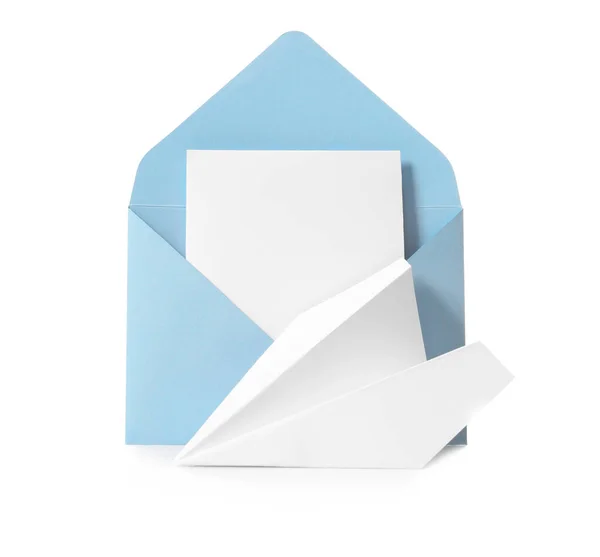 Envelope Card Paper Airplane White Background — Stock Photo, Image