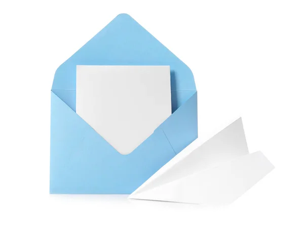 Envelope Com Cartão Avião Papel Sobre Fundo Branco — Fotografia de Stock