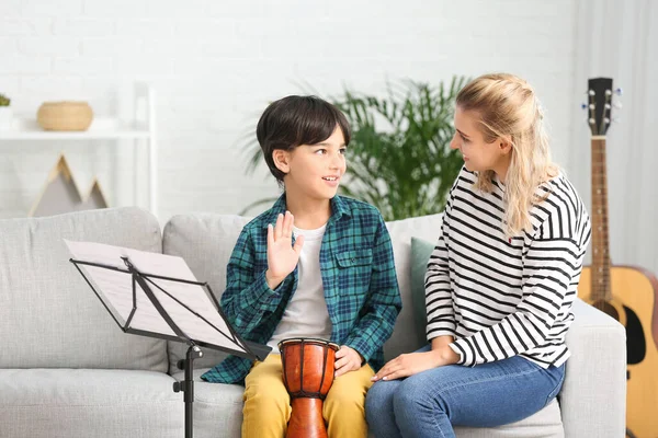 Private Music Teacher Giving Lessons Little Boy Home — Stock Photo, Image