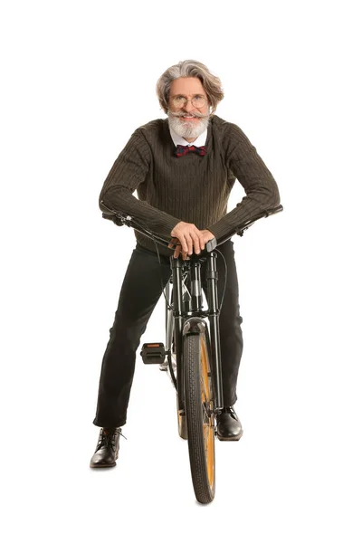 Homme Âgé Élégant Avec Vélo Sur Fond Blanc — Photo