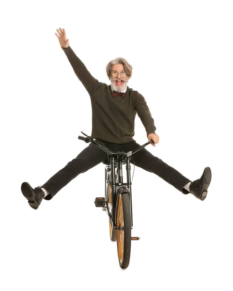 Ευτυχισμένος Ηλικιωμένος Άνδρας Ποδήλατο Λευκό Φόντο — Φωτογραφία Αρχείου