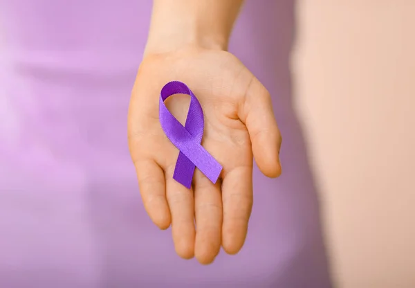 Woman Violet Ribbon Color Background Closeup Domestic Violence Concept — Stock Photo, Image