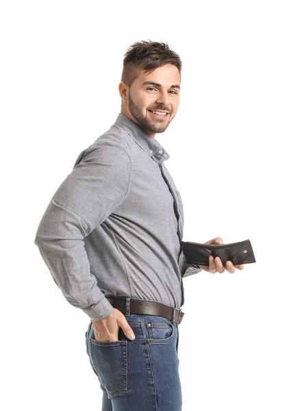 Homem Com Bolsa Fundo Branco — Fotografia de Stock