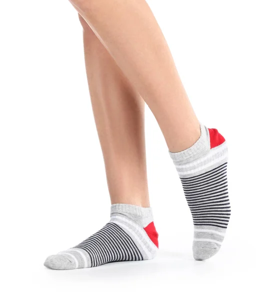Legs Young Woman Socks White Background — Stock Photo, Image