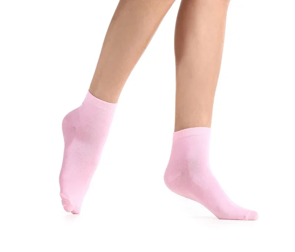 Beine Der Jungen Frau Socken Auf Weißem Hintergrund — Stockfoto