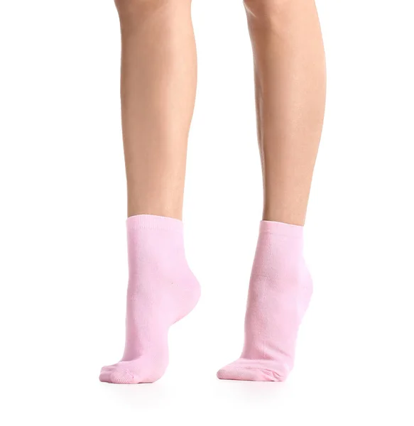 Legs Young Woman Socks White Background — Stock Photo, Image