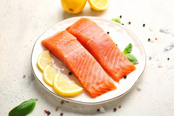 Raw Salmon Fillet Spices Lemon White Background — Stock Photo, Image