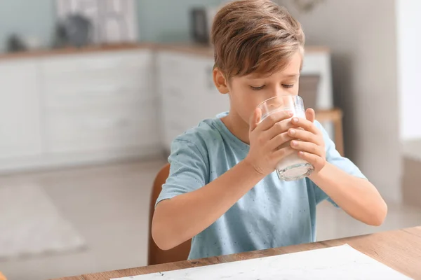Little Boy Drinking Milk Kitchen — Stock Photo, Image