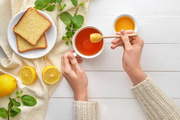 Woman Drinking Tea Honey Table Top View — Stock Photo, Image
