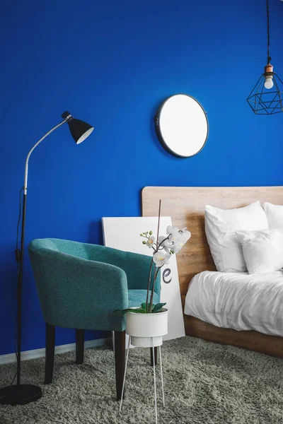 Interior Modern Bedroom Blue Wall — Stock Photo, Image