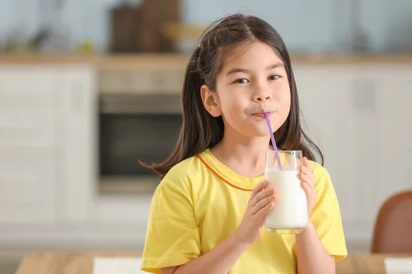 Cute Asian Girl Milk Home — Stock Photo, Image