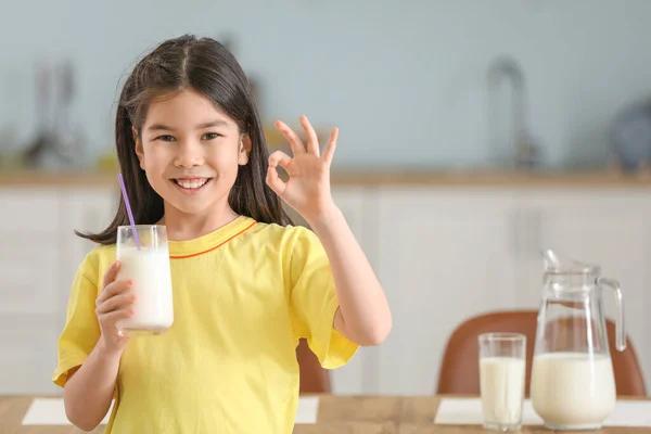 Cute Asian Girl Milk Showing Home — Stock Photo, Image