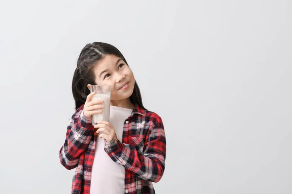 Cute Asian Girl Milk Light Background — Stock Photo, Image