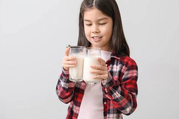 Cute Asian Girl Milk Light Background — Stock Photo, Image