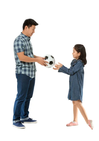 Happy Asian Man His Little Daughter Ball White Background — Stock Photo, Image