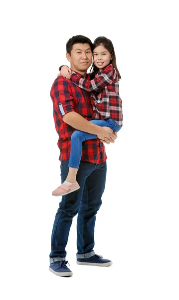 Happy Asian Man His Little Daughter White Background — Stock Photo, Image