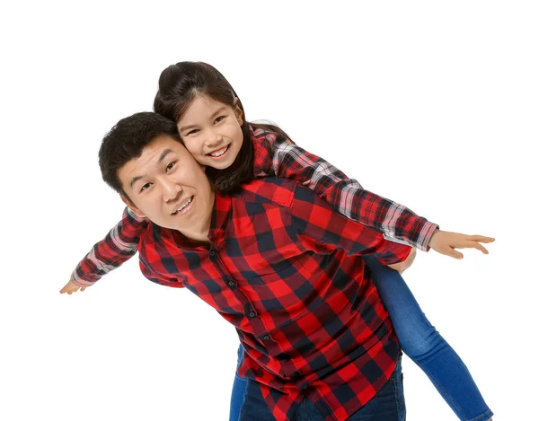 Szczęśliwy Azjata Jego Córeczka Białym Tle — Zdjęcie stockowe