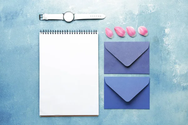 Envelopes Notebook Clock Color Background — Stock Photo, Image