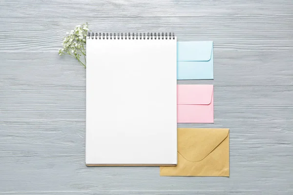 Envelopes Notebook Wooden Background — Stock Photo, Image