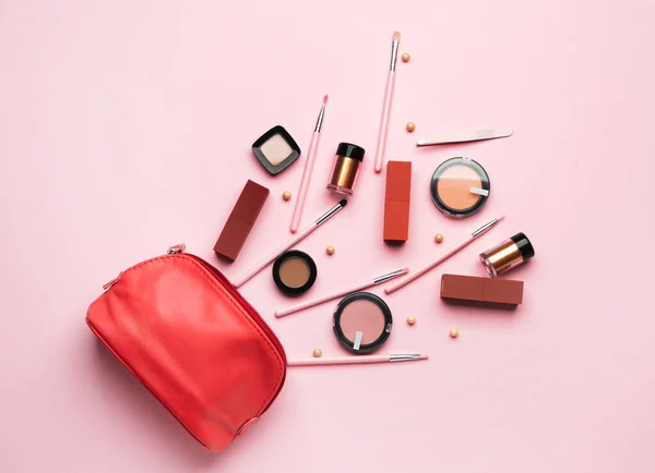 Bag Makeup Brushes Decorative Cosmetics Color Background — Stock Photo, Image