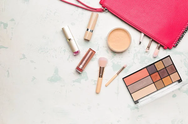 Bag Makeup Brushes Decorative Cosmetics Color Background — Stock Photo, Image