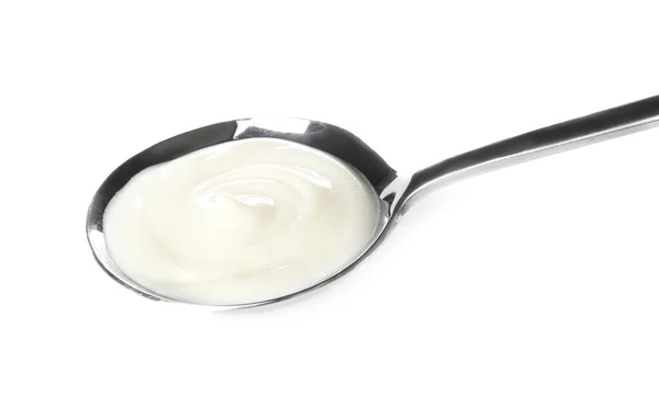 Spoon Tasty Cream Cheese White Background — Stock Photo, Image