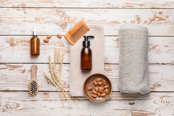 Composition Shampoo Natural Ingredients Wooden Background — Stock Photo, Image