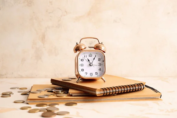 Alarm Clock Money Notebooks Table Time Management Concept — Stock Photo, Image