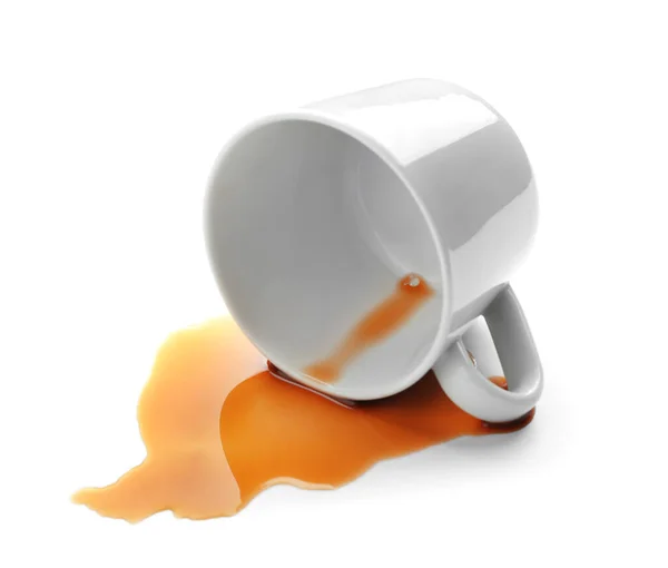 Overturned Cup Spilled Coffee White Background — Stock Photo, Image