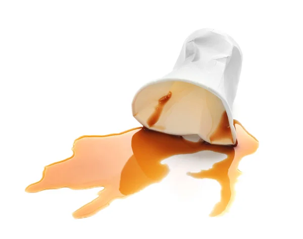 Overturned Paper Cup Spilled Coffee White Background — Stock Photo, Image