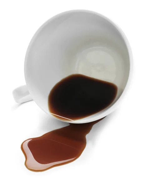 Overturned Cup Spilled Coffee White Background — Stock Photo, Image