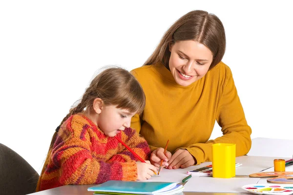 Disegno Insegnante Dando Lezioni Private Arte Alla Bambina Sfondo Bianco — Foto Stock