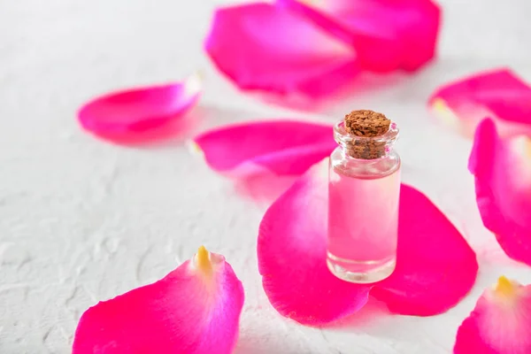 Bottle Rose Essential Oil White Background — Stock Photo, Image