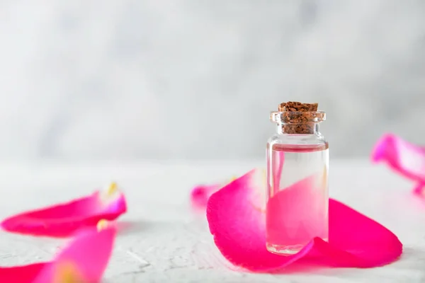 Bottle Rose Essential Oil White Background — Stock Photo, Image