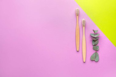 Renkli arka planda tahta diş fırçaları