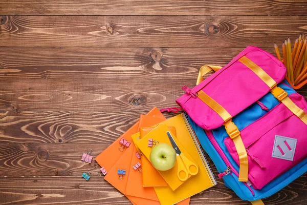 School Backpack Stationery Wooden Background — Stock Photo, Image