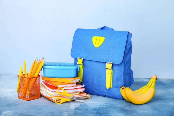 School Backpack Lunch Box Stationery Color Background — Stock Photo, Image