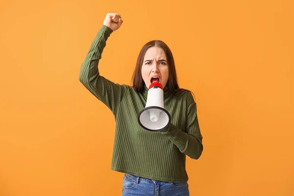 Screaming Young Woman Megaphone Color Background — Stock Photo, Image