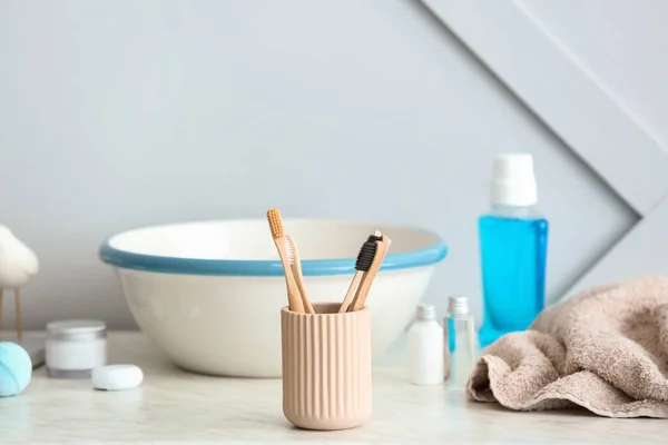 Tooth Brushes Holder Table Bathroom — Stock Photo, Image