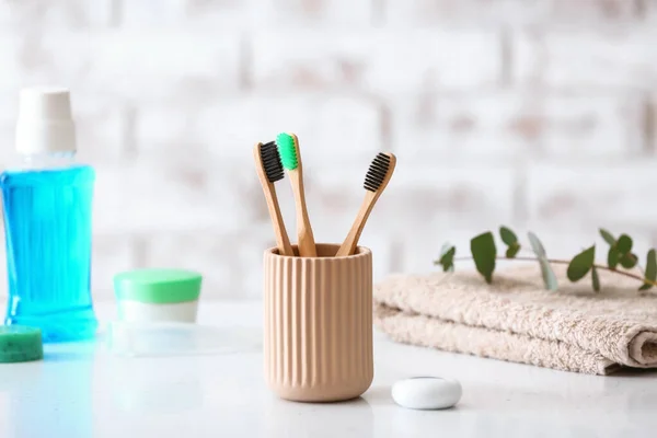 Tooth Brushes Holder Table Bathroom — Stock Photo, Image