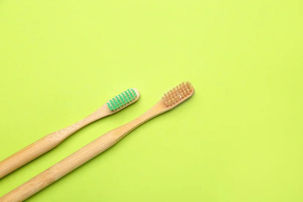 Wooden Tooth Brushes Color Background — Stock Photo, Image