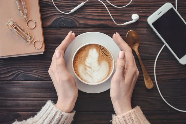 Woman Drinking Tasty Cappuccino Wooden Table — Stock Photo, Image