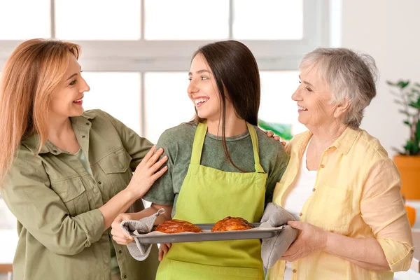 Mature Woman Her Adult Daughter Mother Cooking Buns Together Home — Stock Photo, Image