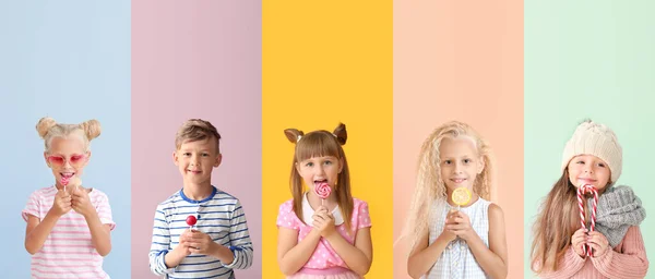 Niedliche Kleine Kinder Mit Lutschern Auf Farbigem Hintergrund — Stockfoto