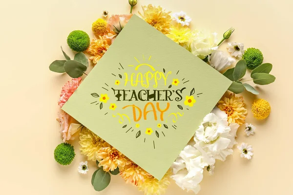 Card with text HAPPY TEACHER'S DAY and beautiful flowers on color background